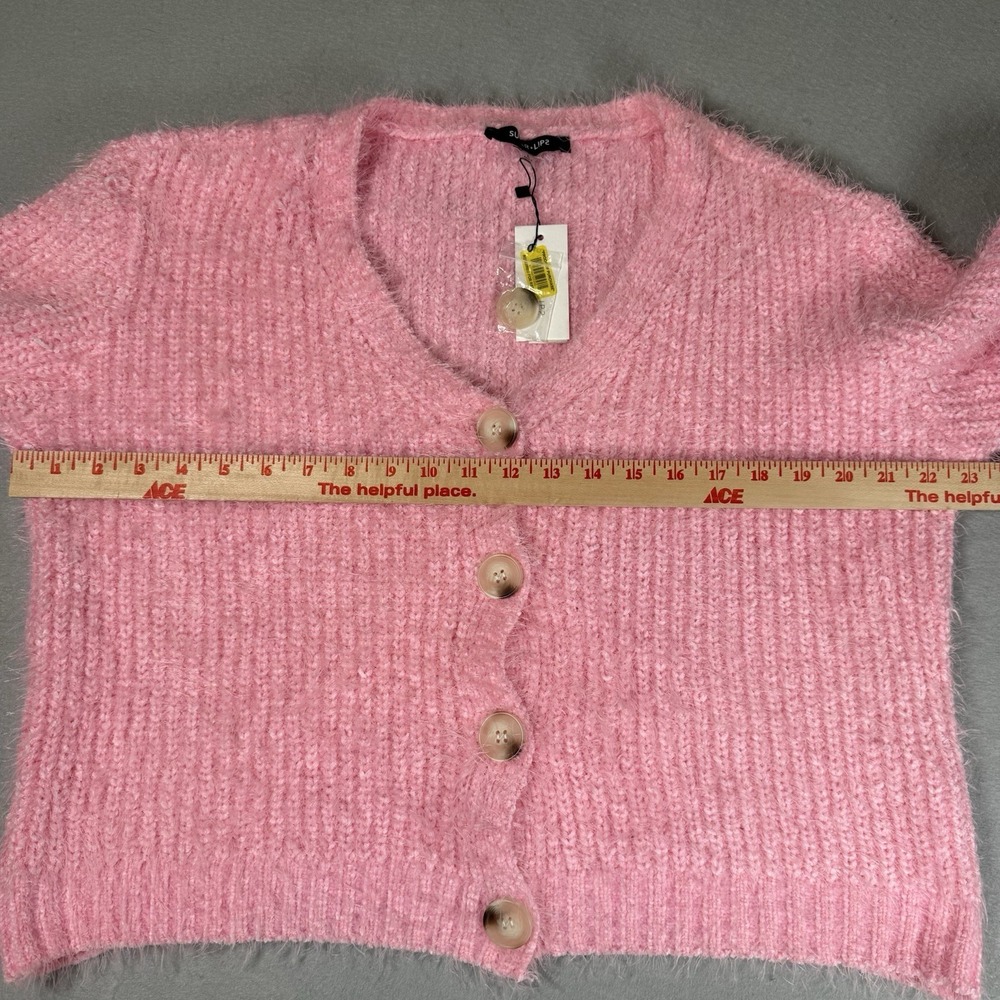 Sugarlips Cardigan Sweater Womens Large Berry Bliss Pink Fuzzy Preppy Coquette - Picture 4 of 9